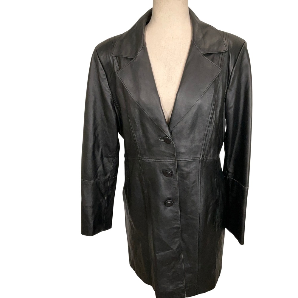 Pamela McCoy Coat Women Large Black Leather Trench Longline 3-Button Matrix Goth
